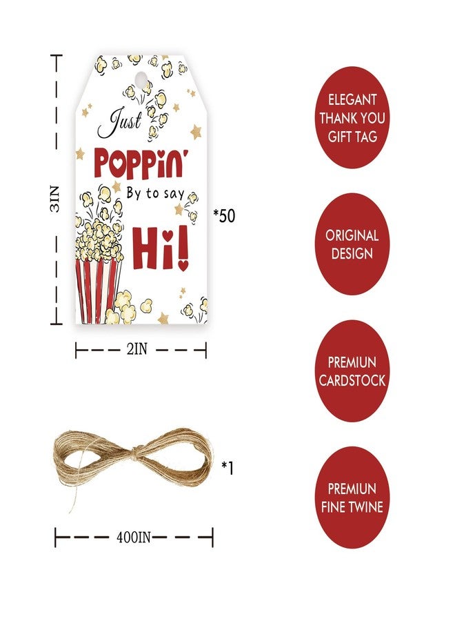 FORSHEEP 50pcs Just Popping by to Say Hi Tags, Popcorn Gift Tag with String for Birthday Party, Popping by Thank You Paper Tags for Gender Reveal Party Favors - Image 2